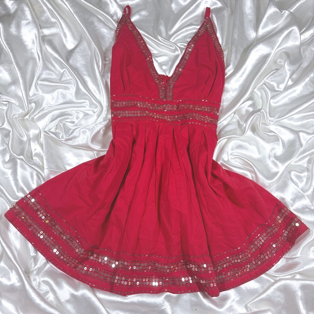 y2k cami top Red Excellent Wet Seal Sequin Empire Waist Babydoll V-Neck L